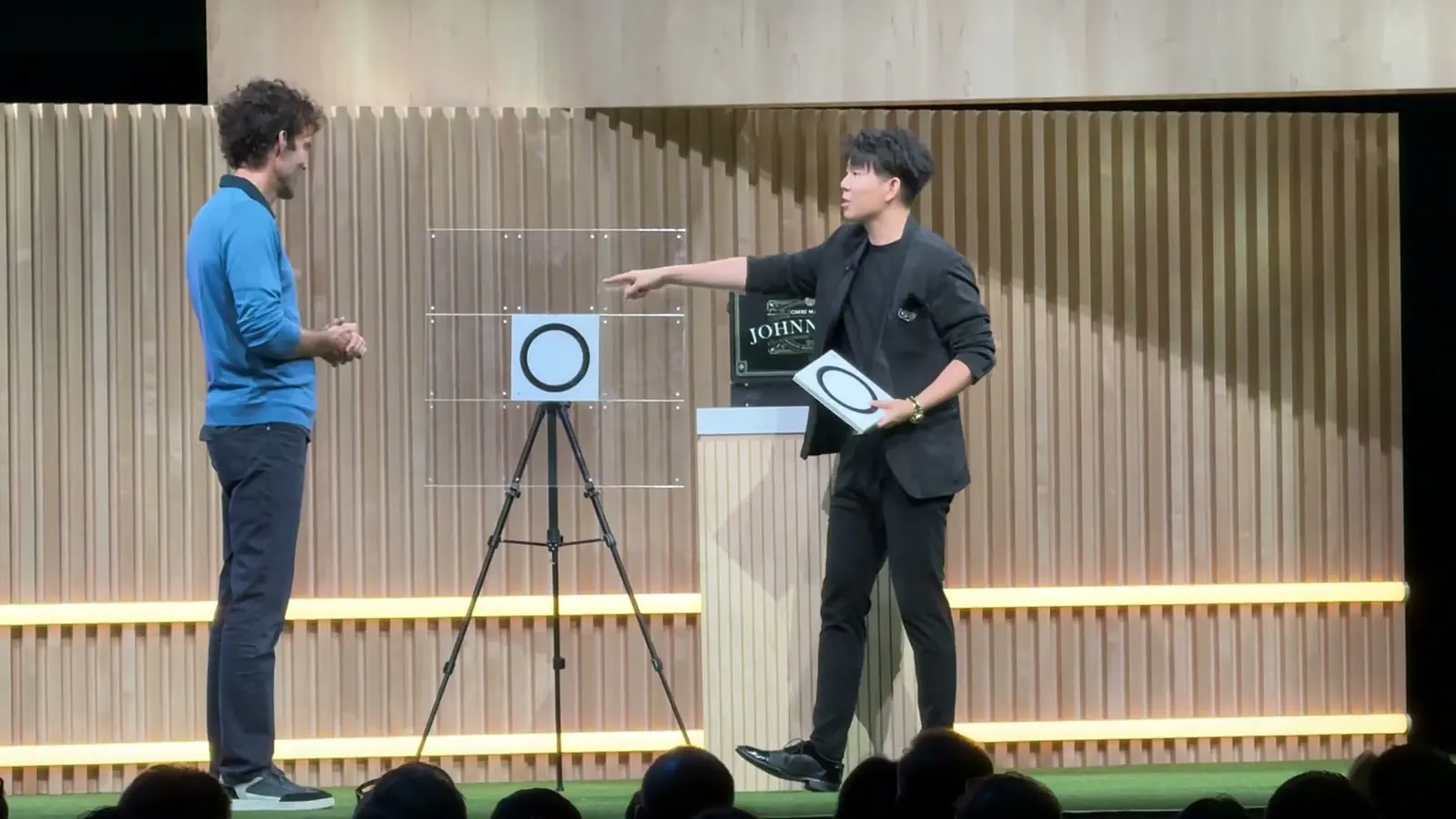 Mentalist Johnny Wu on stage at Google HQ with Google's Chief Business Officer Philipp Schindler as a volunteer